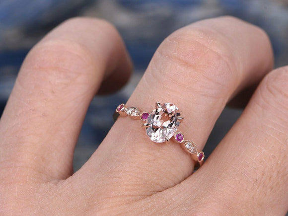 1.4Ct Oval Cut Peach Morganite Ruby Vintage Engagement Ring 14K Rose Gold Finish