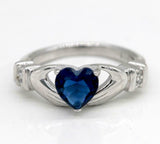 1.2ct Heart Cut Blue Sapphire Engagement Ring Claddagh Design 14k WhiteGold Over