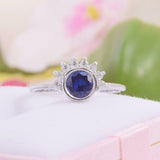 1.5ct Round Cut Blue Sapphire Diamond Crown Engagement Ring 14k WhiteGold Finish