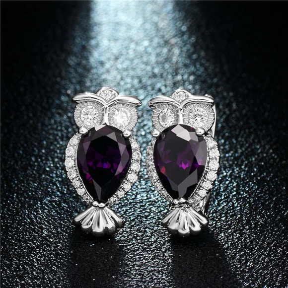 2Ct Pear Cut Purple Amethyst Lucky Owl Drop Earrings Women 14K White Gold Finish