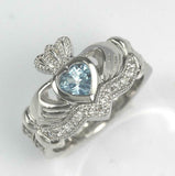 2ct Heart Cut Blue Topaz Engagement Ring Claddagh Bridal Set 14k White Gold Over