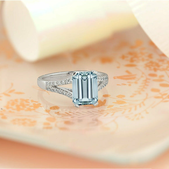 2.3Ct Emerald Cut Blue Aquamarine Split Band Engagement Ring 14K White Gold Over