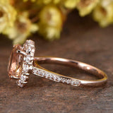 2ct Oval Cut Morganite Engagement Ring Halo Diamond Floral 14k Rose Gold Finish