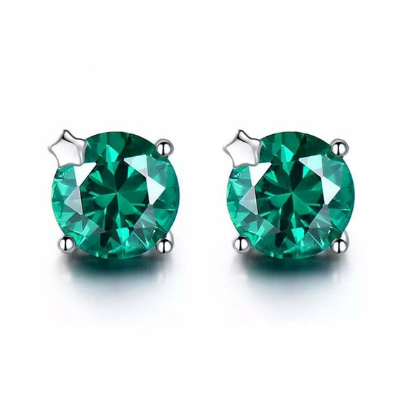 2ct Stud Earrings Round Cut Green Emerald Solitaire Design 14k White Gold Finish