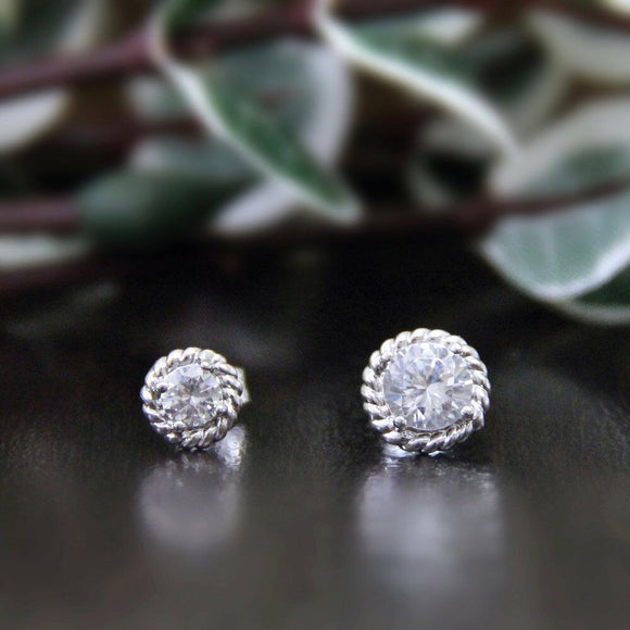 Rope Shape Solitaire Stud Earrings 0.5ct Round Cut Diamond 14k White Gold Finish