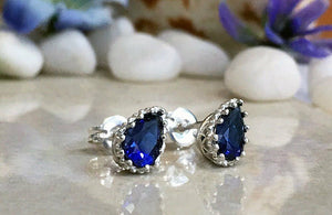 1ct Pear Cut Blue Sapphire Crown Teardrop Stud Earrings 14k White Gold Finish