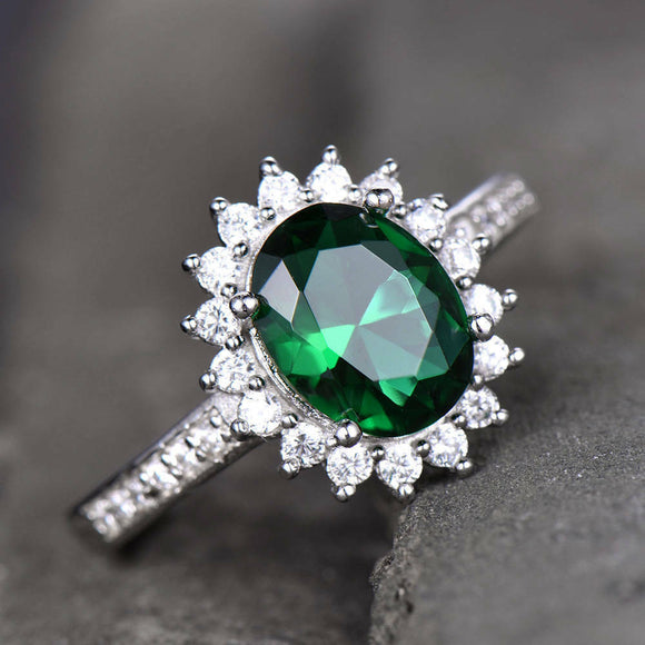 1.3ct Oval Cut Green Emerald Floral Engagement Ring 14k White Gold Finish