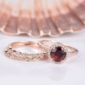 1.9ct Round Cut Red Garnet Halo Trio Set Engagement Ring 14k Rose Gold Finish