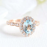 2.2ct Oval Cut Blue Aquamarine Engagement Ring Diamond Halo 14k Rose Gold Finish