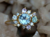 2ct Engagement Ring Round Cut Blue Aquamarine Cluster 14k Yellow Gold Finish