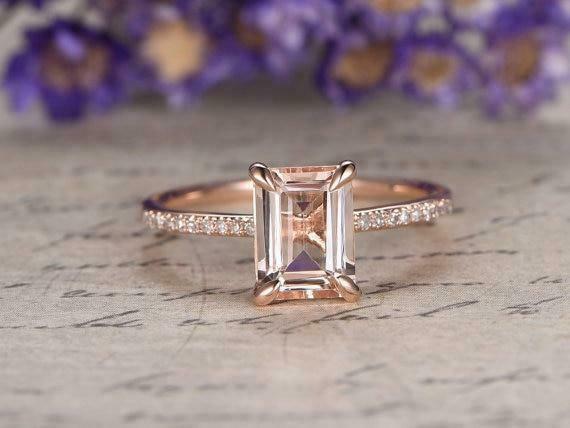 1.2ct Emerald Cut Peach Morganite Engagement Ring 14k Rose Gold Finish Solitaire