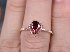 1.5Ct Pear Cut Red Garnet Halo Solitaire Engagement Ring 14K Rose Gold Finish