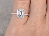 1.5ct Emerald Cut Blue Aquamarine Engagement Ring Halo 14k White Gold Finish