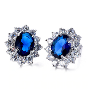 2ct Oval Cut Blue Sapphire Halo Floral Design Stud Earrings 14k WhiteGold Finish