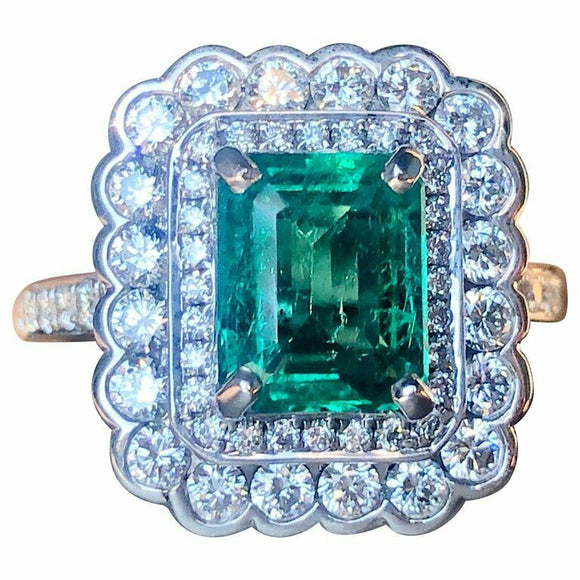 3ct Green Emerald Cut Engagement Ring Double Halo Cocktail 14k White Gold Finish