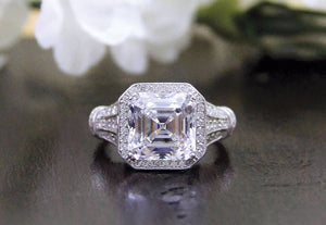 Vintage Halo Engagement Ring 1.5ct Asscher Cut Diamond 14k White Gold Finish