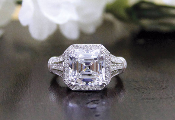 Vintage Halo Engagement Ring 1.5ct Asscher Cut Diamond 14k White Gold Finish