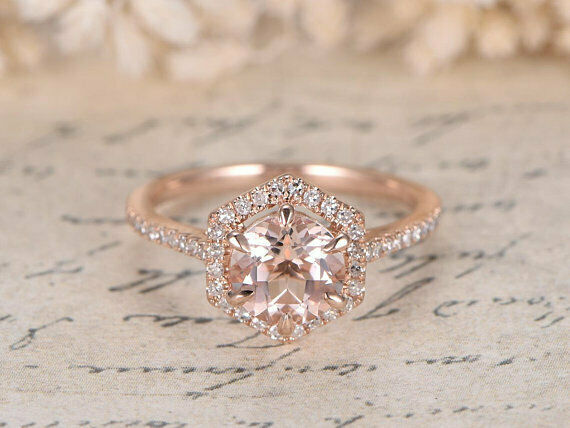 2.3ct Round Cut Peach Morganite Halo Engagement Ring 14k Rose Gold Finish