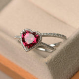 2.2ct Heart Cut Pink Ruby Engagement Ring Bridal Set Halo 14k White Gold Finish