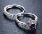 3Ct Princess Cut Amethyst Bridal Set Halo Engagement Ring 18K White Gold Finish