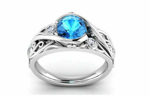 2ct Round Cut Blue Aquamarine Leaf Vine Solitaire Accent Ring 14k WhiteGold Over