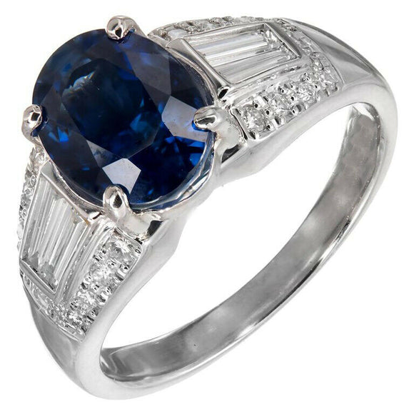 2.3ct Oval Cut Blue Sapphire Solitaire with Accents Ring 14k White Gold Finish