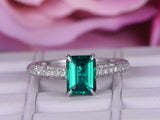 2ct Green Emerald Cut Solitaire Ring 14k White Gold Over Three Row Round Accents