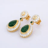 2.9ct Drop Earrings Pear Cut Green Emerald Tear Drop Halo 14k Yellow Gold Finish