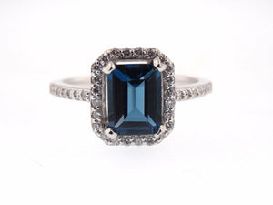 4Ct Emerald Cut Blue Sapphire Diamond Halo Engagement Ring 18K White Gold Finish