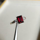 1.7ct Engagement Ring Emerald Cut Red Garnet Three Stone 14k White Gold Finish