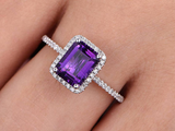 1.5ct Emerald Purple Amethyst Engagement Ring Diamond Halo 14k White Gold Finish