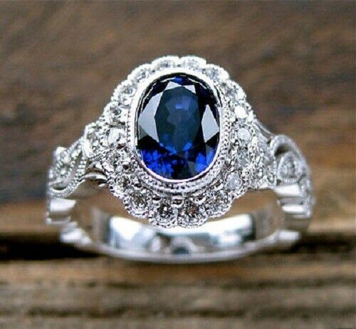 3Ct Oval Cut Blue Sapphire Vintage Halo Engagement Ring 14K White Gold Finish