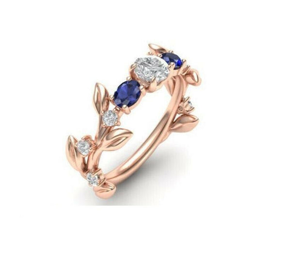 2ct Round Diamond Engagement Ring Flower Leaf Blue Sapphire 14k Rose Gold Finish