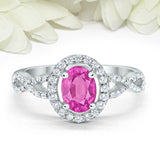 2ct Oval Cut Pink Sapphire Engagement Ring Twist Shank Halo 14k WhiteGold Finish