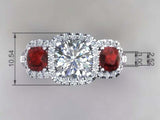 3ct Round Cut Diamond Red Garnet Accents Halo Trilogy Ring 14k White Gold Finish