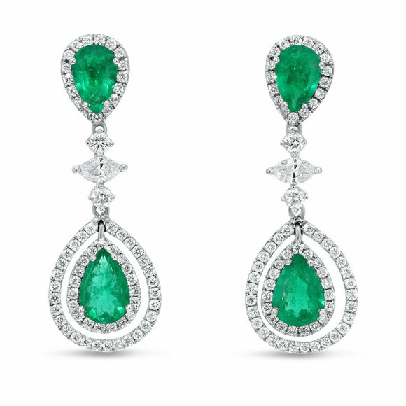 3ct Drop Earrings Pear Cut Emerald Halo Dangling Tear Drop 14k White Gold Finish