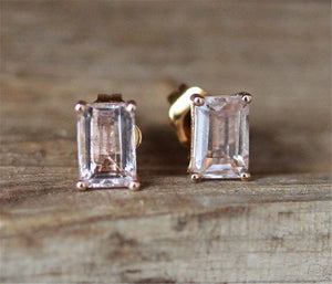 0.5ct Emerald Cut Morganite Classic Stud Earrings Women 14k Yellow Gold Finish