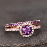 1.6ct Round Purple Amethyst Halo Bridal Set Engagement Ring 14k Rose Gold Finish