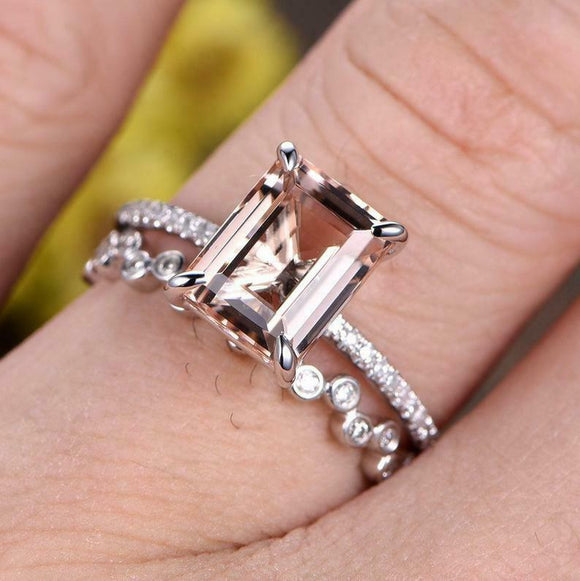 2ct Emerald Cut Morganite Engagement Ring Bridal Set Band 14k White Gold Finish