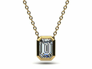 1ct Diamond Pendant Chain Emerald Cut Bezel Set Solitaire 14k Yellow Gold Finish