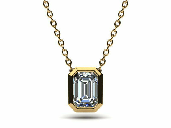 1ct Diamond Pendant Chain Emerald Cut Bezel Set Solitaire 14k Yellow Gold Finish