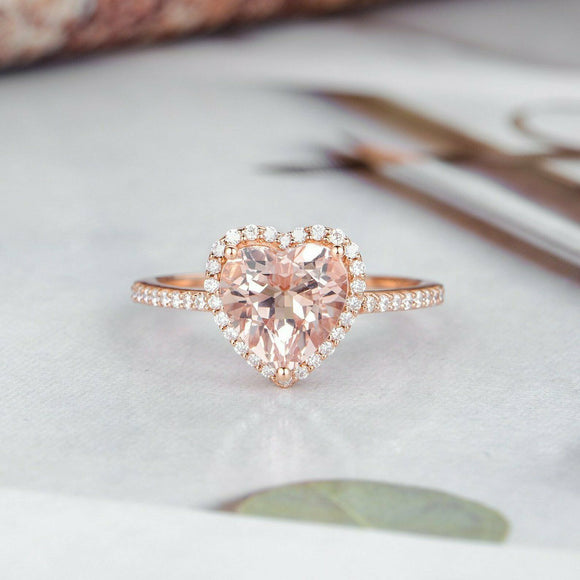 1.5ct Heart Cut Peach Morganite Engagement Ring Diamond Halo 14k RoseGold Finish