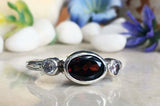 1.3ct Oval Cut Red Garnet Diamond Accent Trilogy Ring 14k White Gold Finish