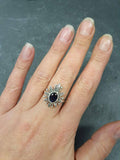 1ct Engagement Ring Oval Cut Blue Sapphire Leaf Floral 14k White Gold Finish