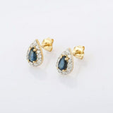 1.7ct Stud Earrings Pear Cut Blue Sapphire Diamond Halo 14k Yellow Gold Finish