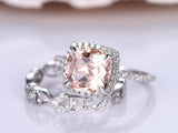 2ct Cushion Cut Peach Morganite Bridal Set Engagement Ring 14k White Gold Finish