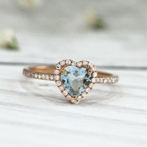 3Ct Heart Cut Blue Aquamarine Diamond Halo Engagement Ring 14K Rose Gold Finish