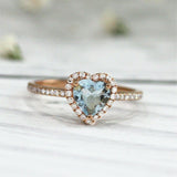 3Ct Heart Cut Blue Aquamarine Diamond Halo Engagement Ring 14K Rose Gold Finish