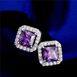 4Ct Princess Cut Purple Amethyst Diamond Halo Stud Earrings 18K White Gold Over