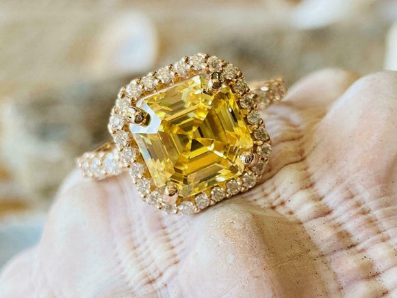 2.5ct Engagement Ring Asscher Cut Yellow Citrine Diamond Halo 14k Rose Gold Over